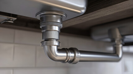 Plumbing under kitchen sink shows stainless steel pipes and fittings during installation process