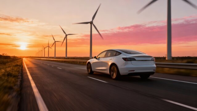 An electric car drives along the road against the backdrop of Wind power plants. Electric car driving past wind turbines at sunset.