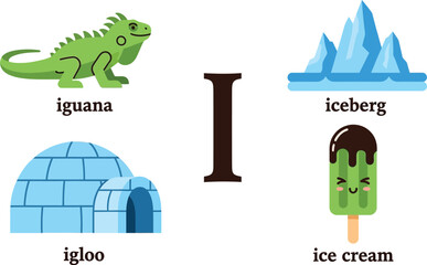 Illustration with iguana iceberg igloo ice cream and letter i editable stock