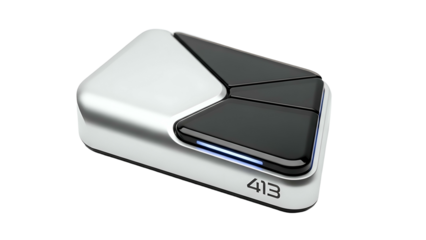 Sleek, futuristic device with a white, silver, and black design