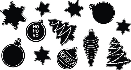 Black and white christmas ornaments and stars on white background editable stock