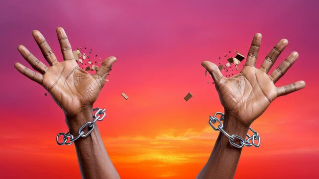 Hands breaking free from chains against a vibrant sunset, symbolizing liberation and resilience, showcasing the powerful moment of transformation and the journey towards freedom and empowerment