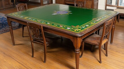Antique green-topped game table, ornate chairs, wooden floor, library background, interior design