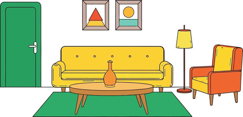 A cartoon living room with yellow furniture and a green door editable stock