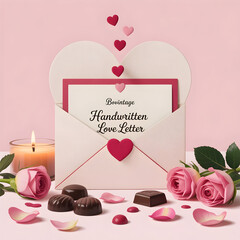 Romantic composition featuring an open love letter, pink roses, assorted chocolates, and a glowing candle on a soft pink background.