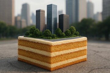 a cake designed to resemble a city view, complete with tall buildings and trees.