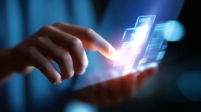 A futuristic holographic screen glows with UXUI design elements app wireframes floating in mid air. Interactive icons pulse as developers shape layouts dynamically. Atmosphere