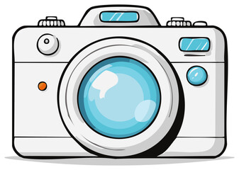 White digital camera with a blue lens in a fun cartoon illustration style