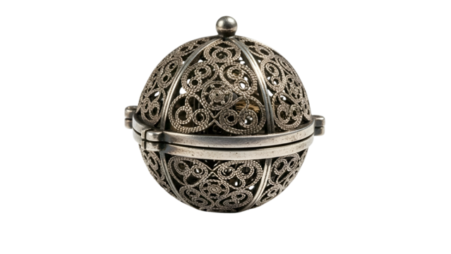 Silver filigree sphere hinged box with knob on dark background