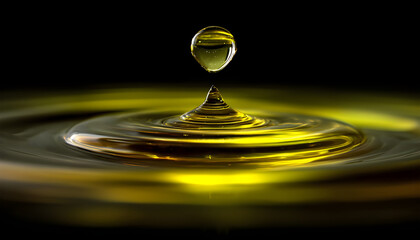 Close up of viscous yellow liquid, like cooking oil or engine lubricant, forming a perfect droplet against a dark isolated background