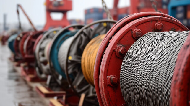 A bunch of red and yellow wires are hanging on a rack