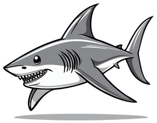 Obraz premium Cartoon shark illustration; Gray and white shark with pointy teeth and fins. Vector drawing of aquatic predator.