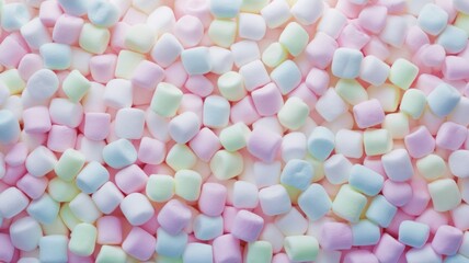 Pastel marshmallows spread on flat surface. AI image