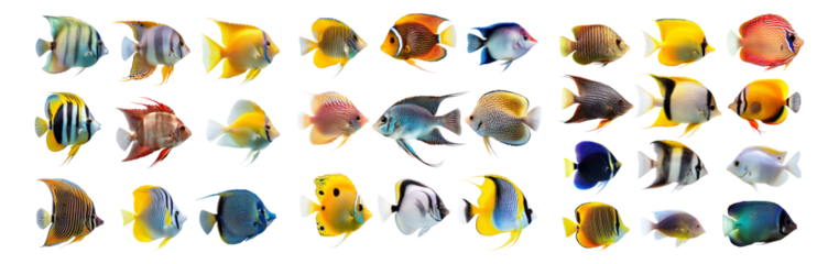 Vibrant Colorful Tropical Fish Collection in Various Angles and Styles, Isolated on Transparent, white background