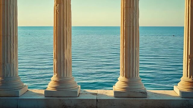 Row of pillars sitting beside a calm body of water, great for use in architectural or scenic designs