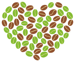 Vibrant green and roasted brown coffee beans arranged in a beautiful heart shape graphic illustration