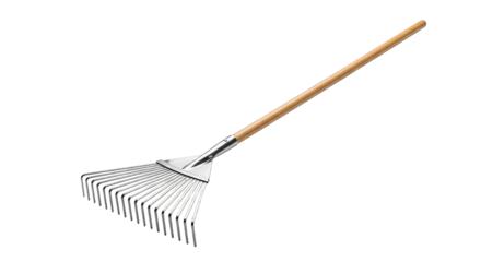Metal leaf rake with wooden handle isolated on transparent background