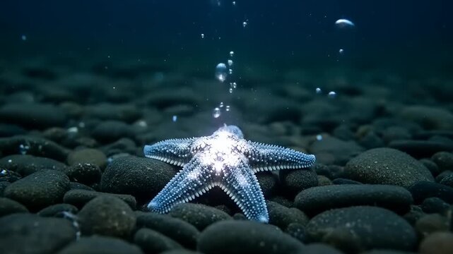 Starfish on the seabed with bubbles rising in the deep blue ocean.