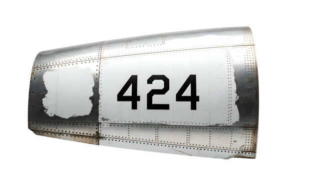 Metal tail fin section with "424" in black. Aging, wear