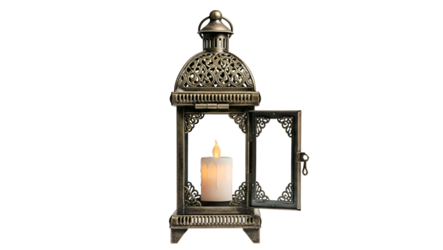 Ornate, tarnished lantern with candle, door ajar - Powered by Adobe