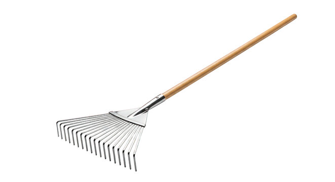 Metal leaf rake with wooden handle isolated on transparent background