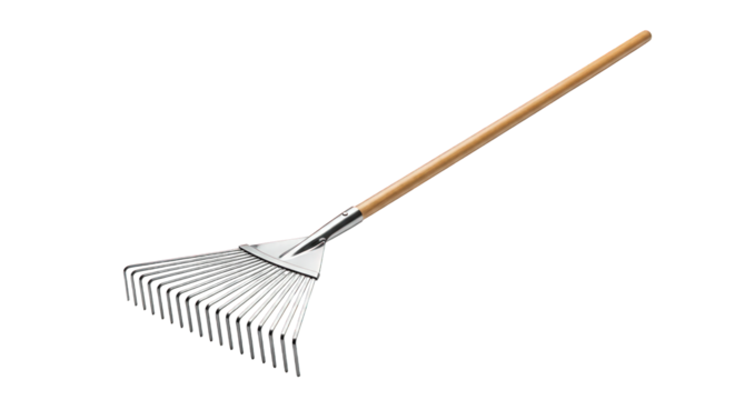 Metal leaf rake with wooden handle isolated on transparent background