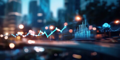 Digital Financial Growth Chart in Urban Setting at Night
