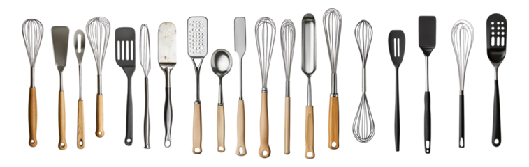 Collection of Kitchen Utensils and Cooking Tools on a White Background, Isolated on Transparent, white background