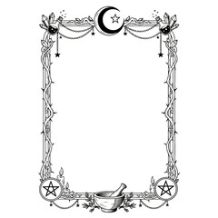 Mystic Altar Decor Border: Engraving of Crescent Moon, Pentagrams, Candles, and Mortar and Pestle, a Witchcraft Frame