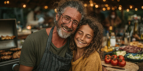 Fototapeta premium Father and daughter smiling together while cooking outdoors, enjoying joyful moment