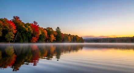 Autumn lake sunrise landscape reflection trees colorful scenic nature sky morning mist beauty water