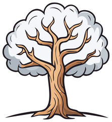 Bare Cartoon Tree with Cloud Shaped Leaves Gray and Brown with Dark Border