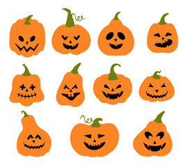 Collection of cute smiling Happy Halloween pumpkins isolated on white background. Set of orange pumpkins with a creepy spooky Halloween smile. Halloween holiday spooky food. Set of emotion pumpkins.