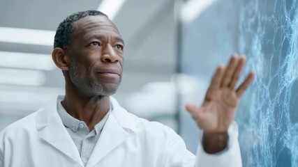 Senior researcher analyzing data through interactive holographic interface, wearing white lab coat and gesturing near translucent digital screen in high tech laboratory setting - Powered by Adobe