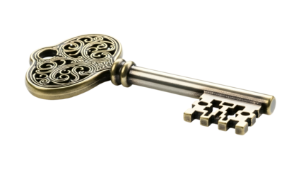 Ornate bronze key with intricate detailing on a black background