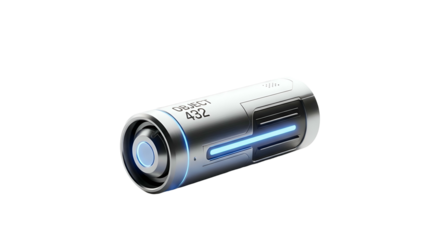 Silver futuristic canister with blue light on a black background