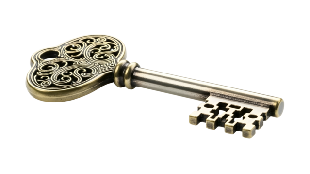 Ornate bronze key with intricate detailing on a black background