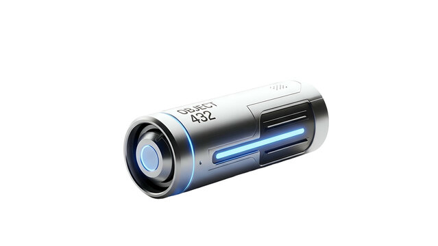 Silver futuristic canister with blue light on a black background