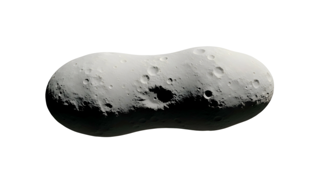 Double-lobed asteroid with craters, in space, lit from the side