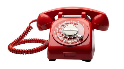 Shiny red rotary phone with coiled cord isolated on black