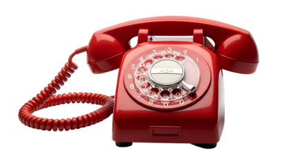 Shiny red rotary phone with coiled cord isolated on black
