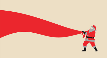 Santa Claus energetically pulling a large red fabric against a neutral background.