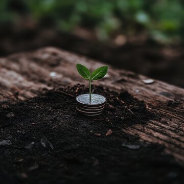 New Growth Emerging from Coins in Dark Soil Background