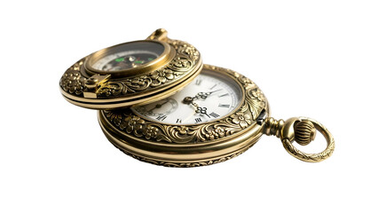Ornate golden pocket watch with compass on black