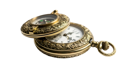 Ornate golden pocket watch with compass on black