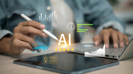 AI Analytics Interface with Stylus, Laptop and Tablet