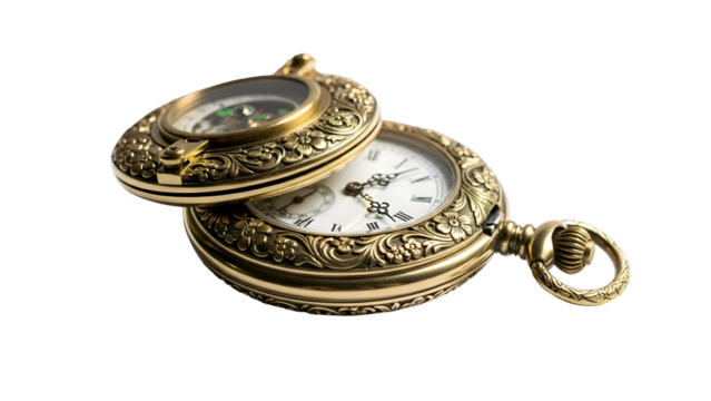 Ornate golden pocket watch with compass on black