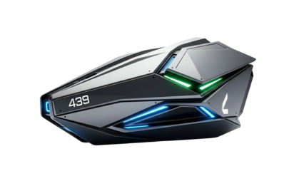 Sleek, futuristic pod with blue and green glowing details