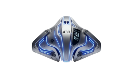 Sleek, metallic vehicle with blue lights against a black background