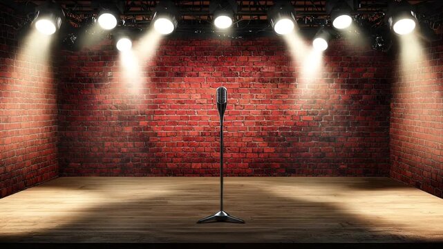 A solitary microphone stands in the spotlight on an empty wooden stage with a brick wall, ready for a performance
